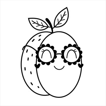 recommend clip art: Black and white retro groovy plum doodle, cute cartoon seasonal fruit. Fruit character, summer hand drawn vector illustration in flat style