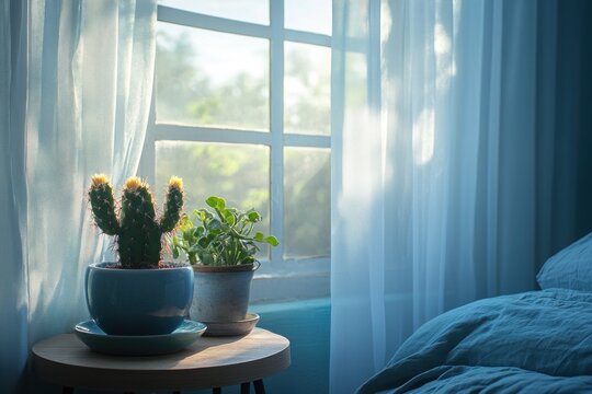 Fototapeta Cozy bedroom window with plants