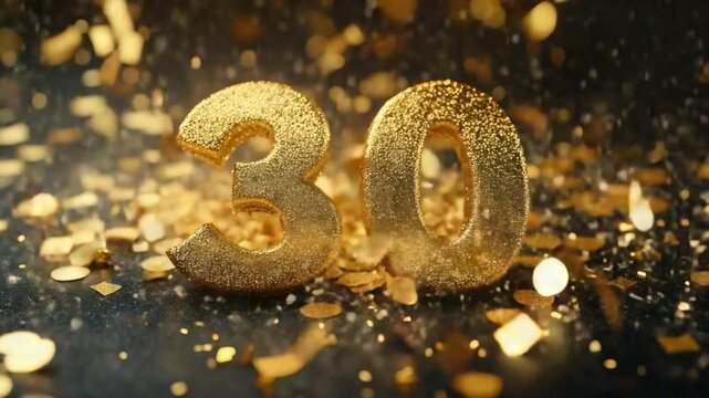 Glittering gold 30 amidst celebratory confetti