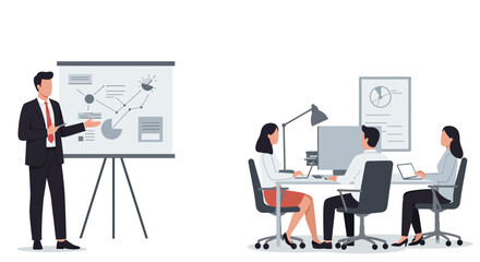 Businessman Presenting Financial Data on a Flip Chart with Red Tie and Pointer