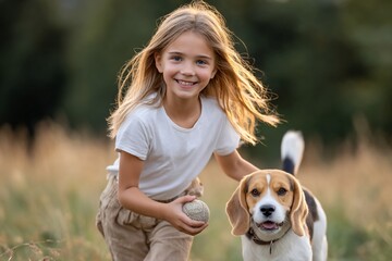 Child smiling running with a dog in a field of grass, holding a ball for the pet