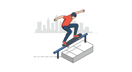 Cartoon hand reaching for a blue telescope in a cityscape