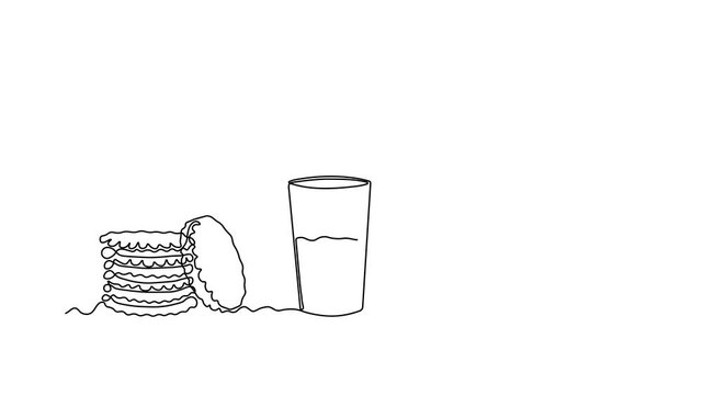 Abstract jug, pitcher for milk, water,juice and stack of cookies with cream, dessert for breakfast, Self drawing animation one continuous line draw, logo