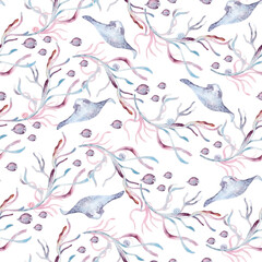Watercolor seamless ocean pattern with pastel corals, sea creatures, and marine plants isolated. Soft monochrome repeated texture with stingrays and fishes, perfect for home textile, beach fabric.