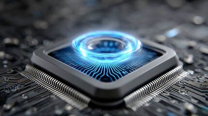 Close up of an electronic circuit board with a glowing processor, futuristic look