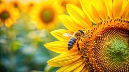 Obraz premium Bee Collecting Nectar from Sunflowers in Garden, nature, outdoors, nature, outdoors