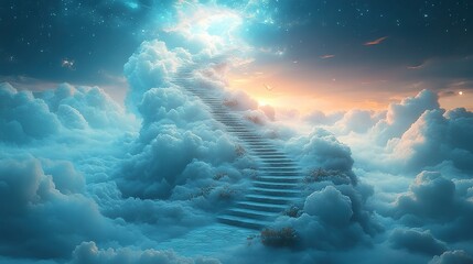 Naklejka premium A surreal image of a staircase winding endlessly upwards into a cloudy sky, representing infinite possibilities and journeys without end