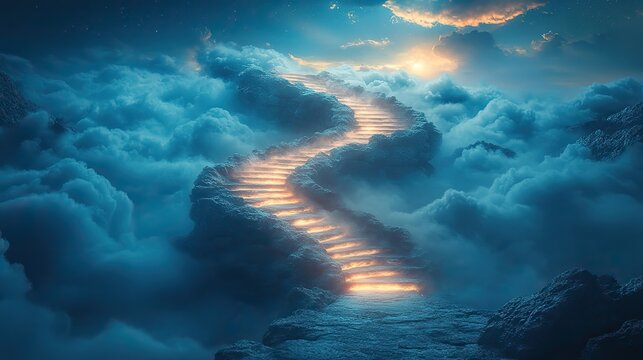 A surreal image of a staircase winding endlessly upwards into a cloudy sky, representing infinite possibilities and journeys without end