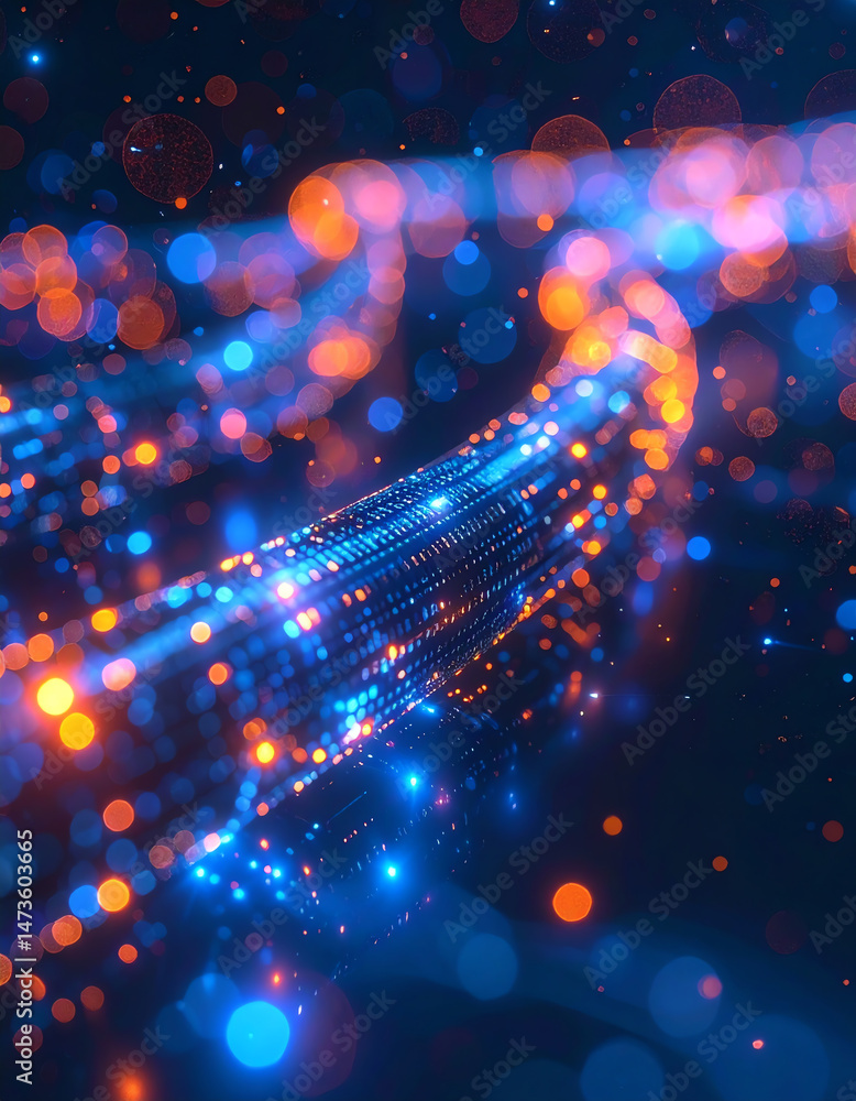 Poster a vibrant abstract image showcasing glowing blue and orange lights, creating a sense of movement and