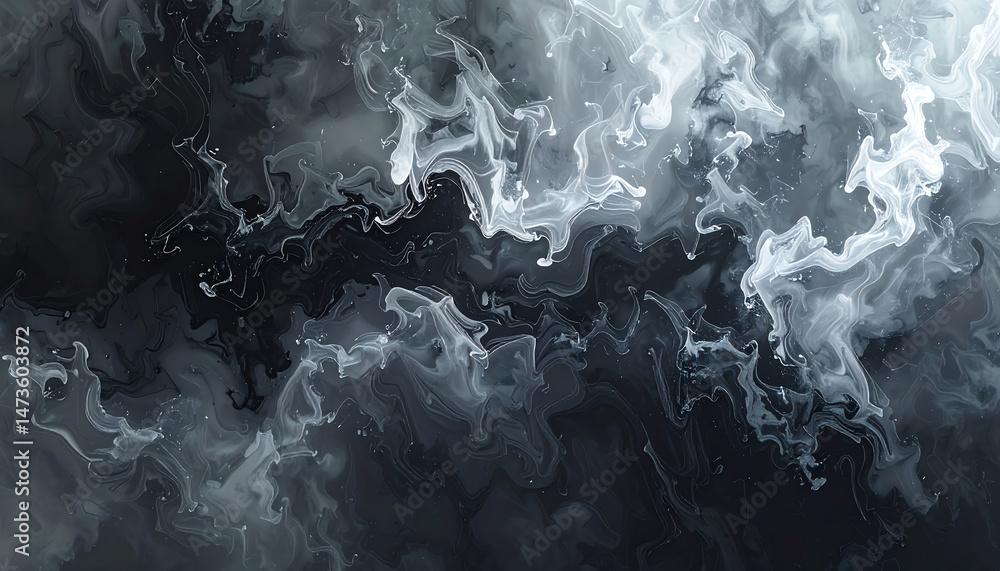 Poster abstract swirling patterns in black and white create a dynamic, fluid appearance, evoking a sense of