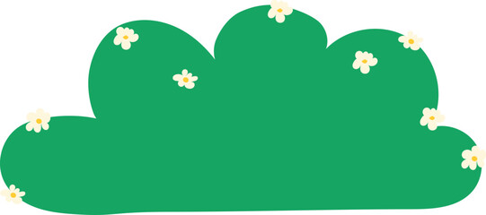 Green bush with white flowers in flat cartoon style isolated on a transparent background.