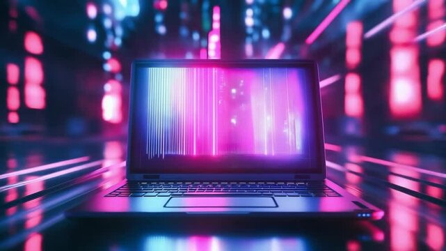 Futuristic illustration about computer technology with a laptop in neon colors. For cover backgrounds, wallpapers and other modern projects	