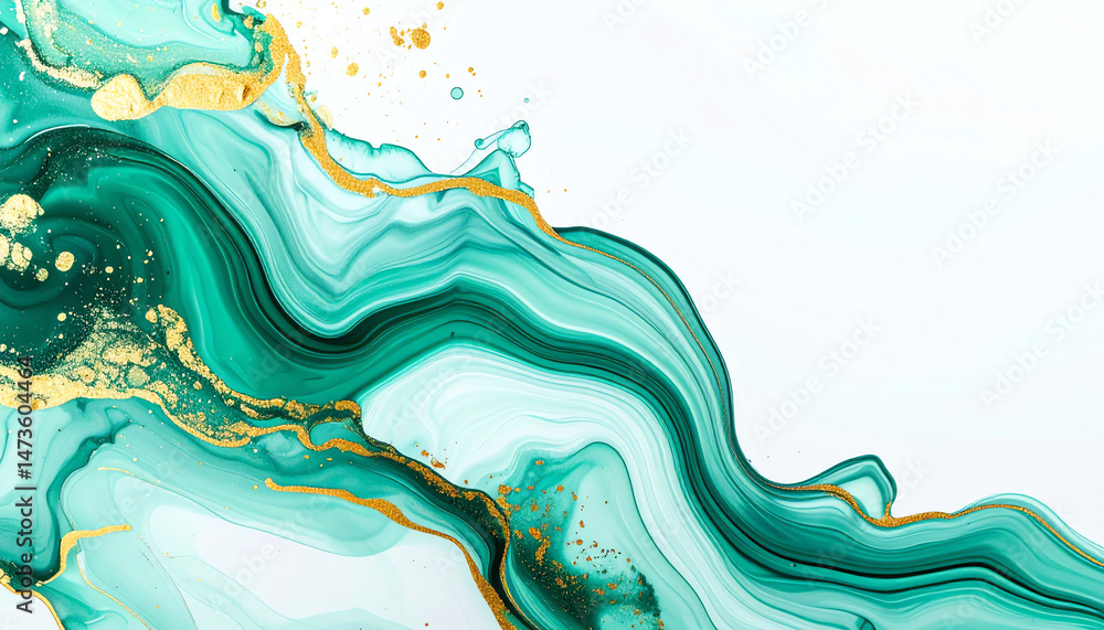Poster fluid abstract design with turquoise waves and golden accents on a white background, creating a mode