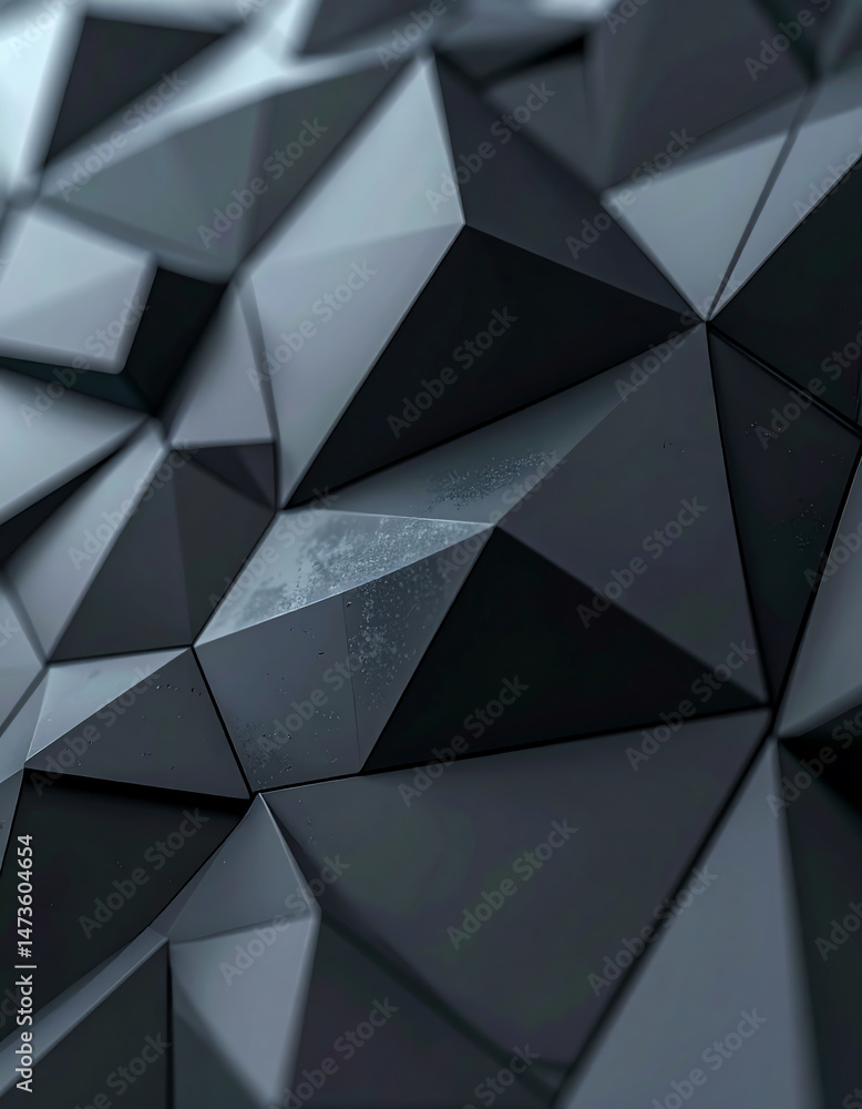 Poster abstract, geometric surface featuring sharp, angular facets in varying shades of black and gray, cre