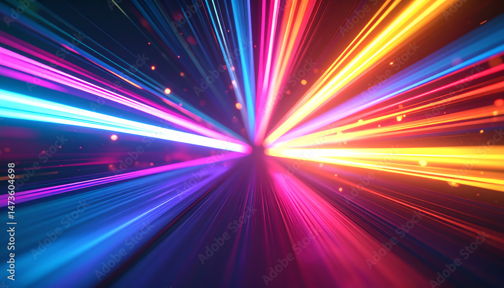 Poster vibrant streaks of light radiate outward, creating an energetic and dynamic visual effect in a color