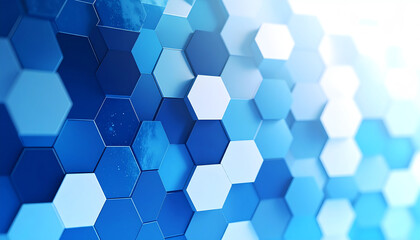 A close-up of a geometric pattern featuring hexagonal shapes in varying shades of blue, creating a modern and dynamic visual effect