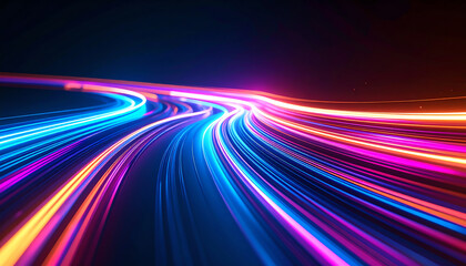 Vibrant light trails weave through darkness, creating a dynamic and colorful visual experience, evoking movement and energy