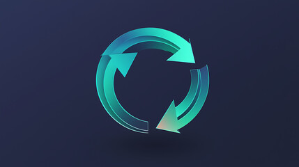 A glossy circular symbol with three curving arrows in shades of teal and light green, indicating a cycle or refresh, against a dark blue background.