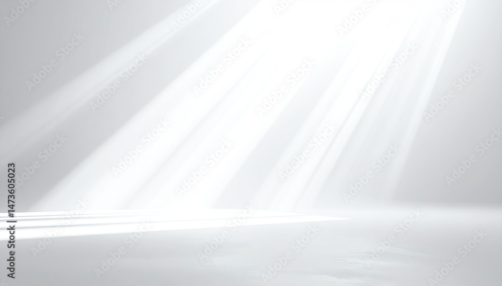 Poster bright beams of light illuminate a minimalist space, creating a serene and ethereal atmosphere