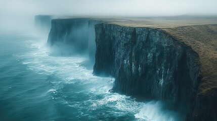A tranquil coastline with dramatic cliffs and crashing waves, the power of the ocean meeting the steadfastness of the land, a dynamic natural border