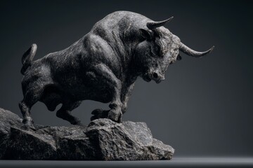 Powerful bull sculpture atop rocky terrain.
