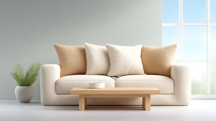 A white couch with brown pillows sits in front of a window
