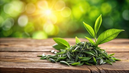 Obraz premium Fresh green tea leaves and bud on a wooden table with a subtle background blur , close-up, green tea, close-up, green tea
