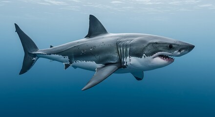 Naklejka premium 深海を優雅に泳ぐ巨大なサメ 透き通る水中で威風堂々. AI Generated