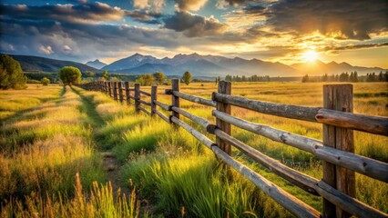 Fototapeta premium A weathered wooden fence with a rustic charm stands against a serene landscape, land , wooden post, land
