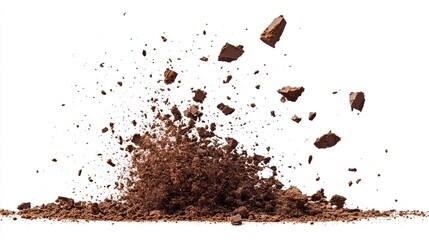Brown soil exploding into pieces against a white background