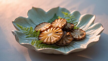 Grilled edible sliced fungus on leaf shaped dish with fern garnish