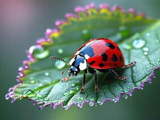 Ladybug on Dewy Leaf in Vibrant Macro Close-Up