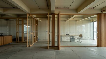 Modern Office Interior With Glass Partition Walls And Wooden Accents Design For Workspaces Emphasizing Transparency And Natural Light And Minimalist Furniture