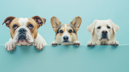 Fototapeta premium Three dogs of different breeds peek over a ledge with eager expressions and paws visible.