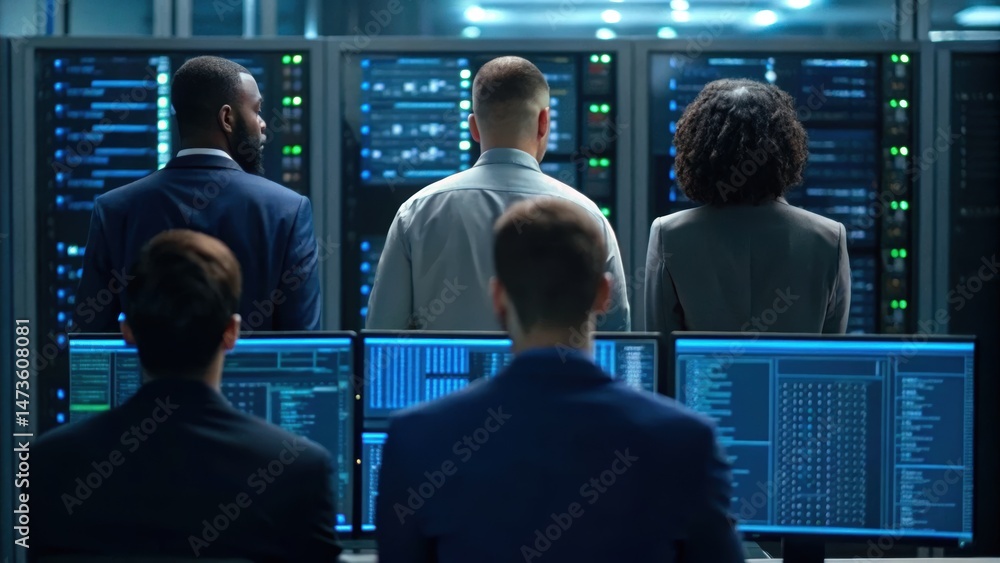 Poster a group of professionals monitors data on multiple screens in a modern server room, showcasing teamw