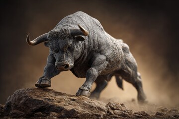Fototapeta premium Powerful bull surging atop a rocky elevation.