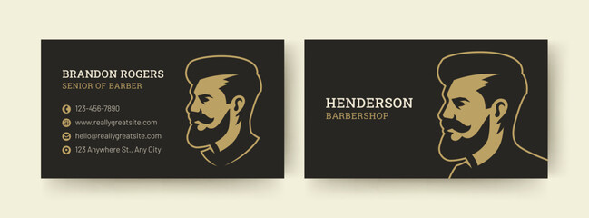Modern black and gold business card template featuring a stylish barber profile illustration. Perfect for personal or corporate use, showcasing contact information. Vector illustration