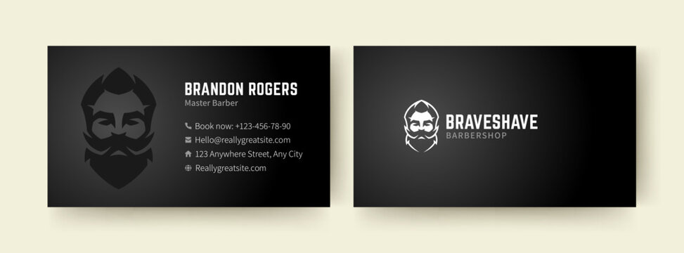 A sleek, modern barber black business card template featuring a bold logo design and essential contact information. Perfect for barbershop branding, business promotion, and print materials