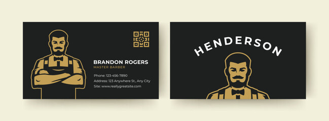 Modern black and gold business card featuring a stylish barber illustration, contact details, and a QR code. Perfect for barbershop branding and marketing. Vector illustration