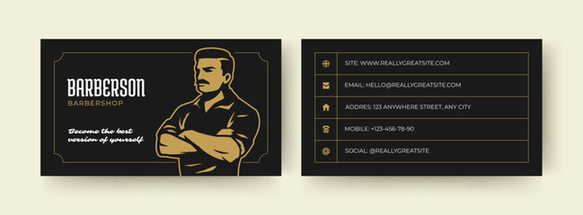 Modern business card featuring a stylish barber portrait, contact details, and a sophisticated design. Perfect for barbershops and personal branding. Vector illustration