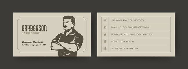 Professional barber business card with vintage inspired layout, bold masculine character, structured contact details, and clean aesthetic. Perfect for barbershop branding. Vector illustration