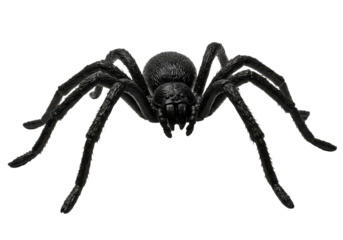 Black rubber spider toy isolated background, comic horror for Halloween