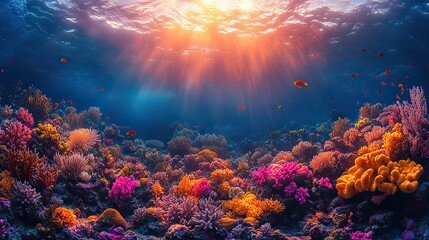 A vibrant and colorful coral reef at sunset, with the warm light illuminating the diverse marine life and the intricate coral formations