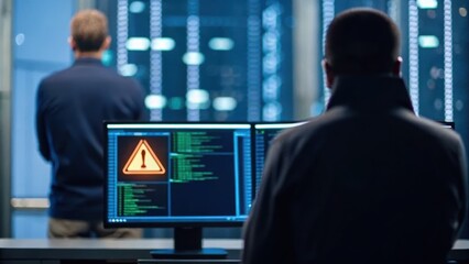 Two figures in a dark room, one facing a computer screen displaying warning messages and data, emphasizing a tech or cybersecurity theme.