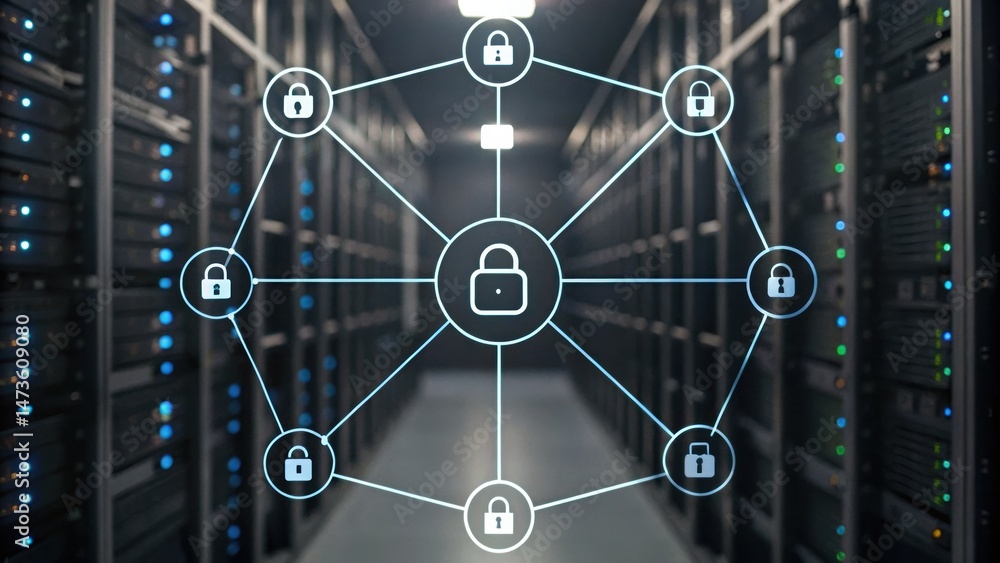 Poster data center with locked servers and a network diagram illustrating security connections for digital 