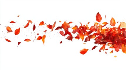 Autumn leaves in motion against a white background.  A vibrant display of falling leaves