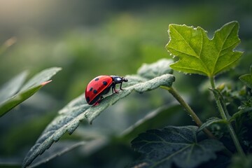 Fototapeta premium Ladybug on Leaf Close-Up – Peaceful Nature Macro Photography