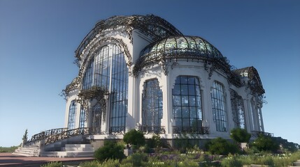 Obraz premium Witness Grand Art Nouveau Mansion Construction Featuring Ornate Facades Intricate Ironwork and Timeless Architectural Splendor