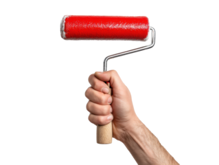 Hand holding red paint roller for home improvement projects, cut out