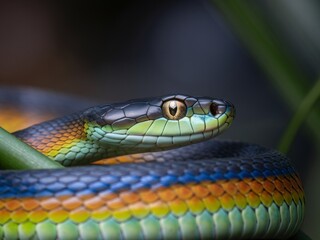 Fototapeta premium Close-up of a vibrant, multicolored snake showcasing intricate scales and striking eyes.
